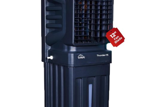 HAVAI Thunder-75 Tower Air Cooler | 70L Tank | 12″ Blade | Ideal for 150 sq ft Rooms | 130W Power | 10 ft Air Throw | 1350 RPM | Auto-Louver | 3-Speed | 1-Year On-Site Motor Warranty